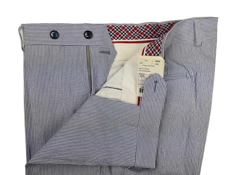 LBM 1911 Trousers 34, Blue/white striped seersucker Flat front Tailored fit Cotton blend