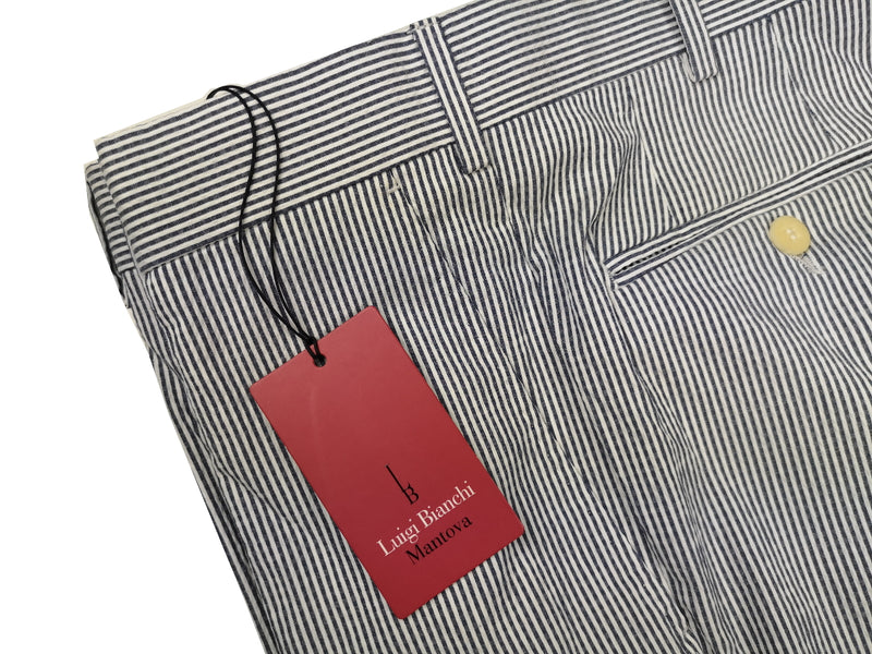 LBM 1911 Trousers 32, Ink blue/white striped seersucker Flat front Straight fit Cotton blend