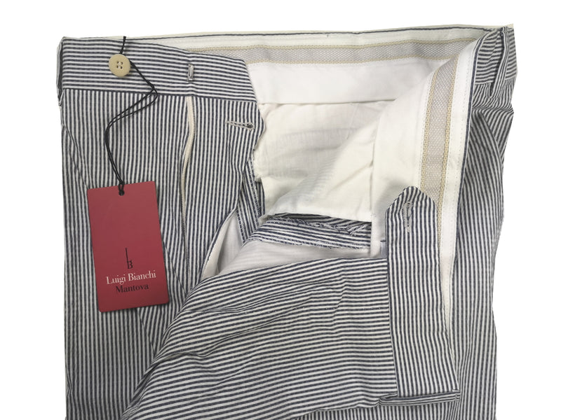 LBM 1911 Trousers 34, Ink blue/white striped seersucker Flat front Straight fit Cotton blend