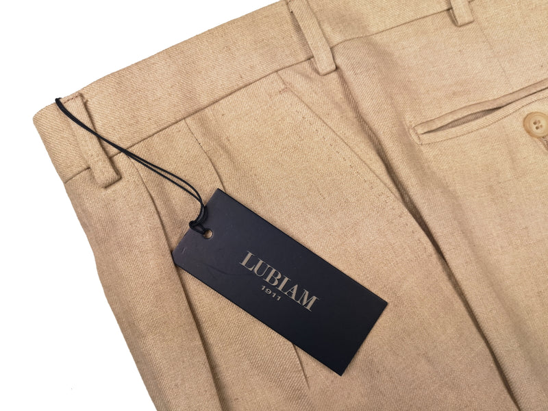 Luigi Bianchi Lubiam Trousers 34, Sand Pleated front Relaxed fit Linen