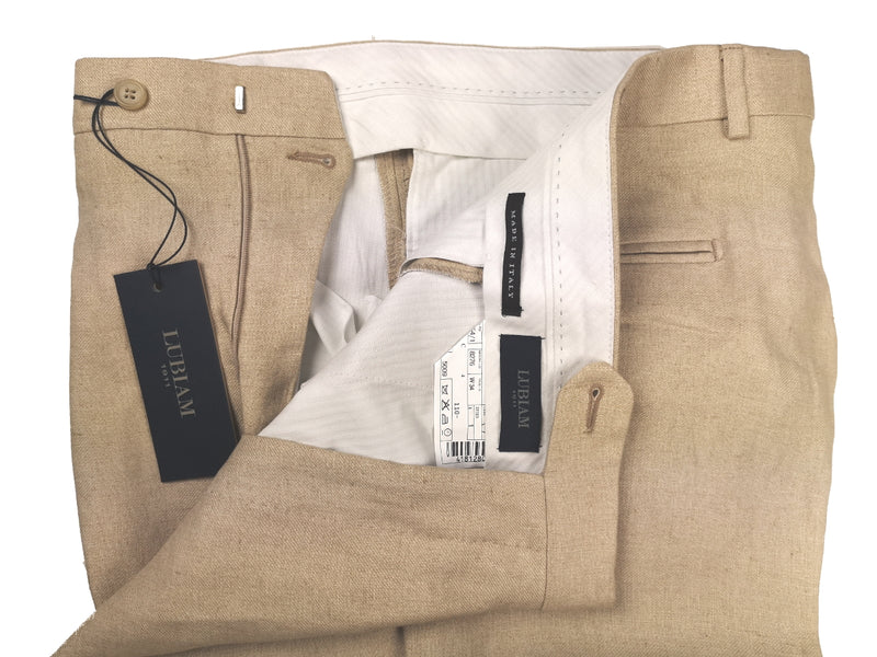 Luigi Bianchi Lubiam Trousers 34, Sand Pleated front Relaxed fit Linen