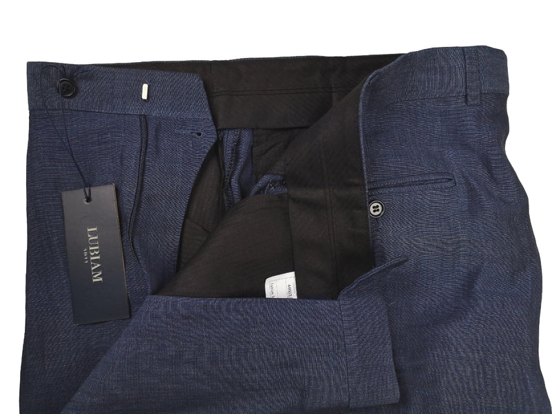 Luigi Bianchi Lubiam Trousers 36, Ink blue Pleated front Relaxed fit Linen/Rayon