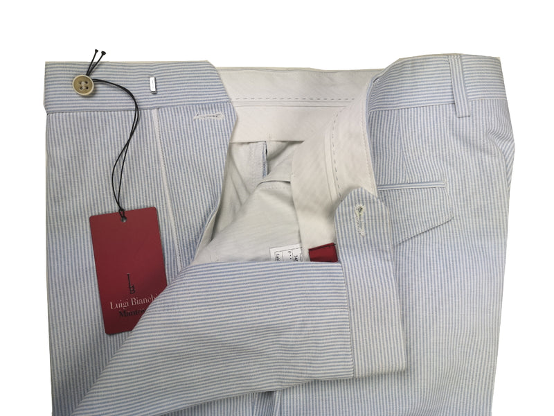 Luigi Bianchi Trousers 34, Light blue/white stripes Flat front Straight fit Cotton