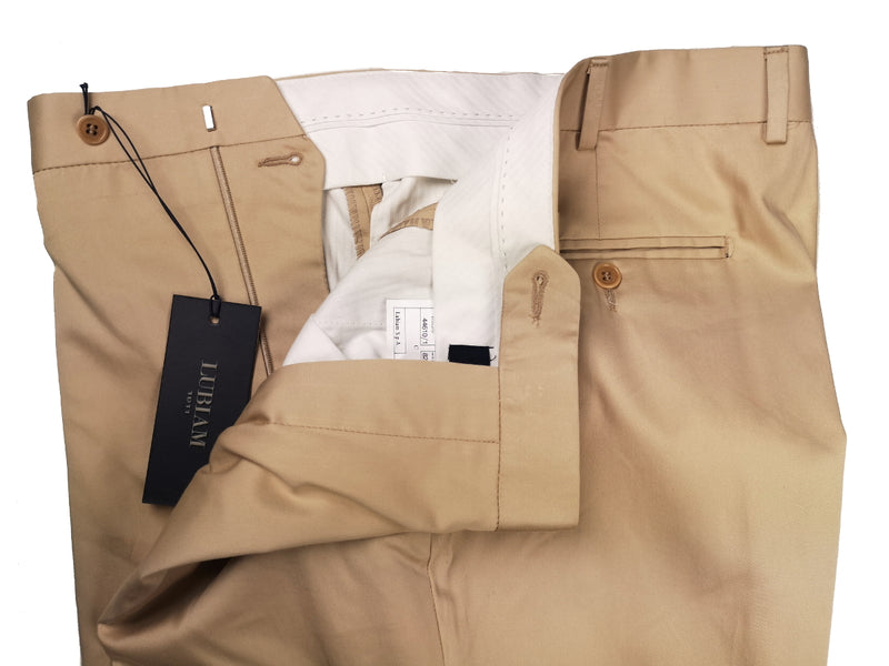 Luigi Bianchi Lubiam Trousers 36, Tan Pleated front Relaxed fit Cotton