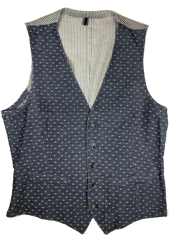 LBM 1911 Vest Small/48, Denim blue fleur pattern Cotton/Linen