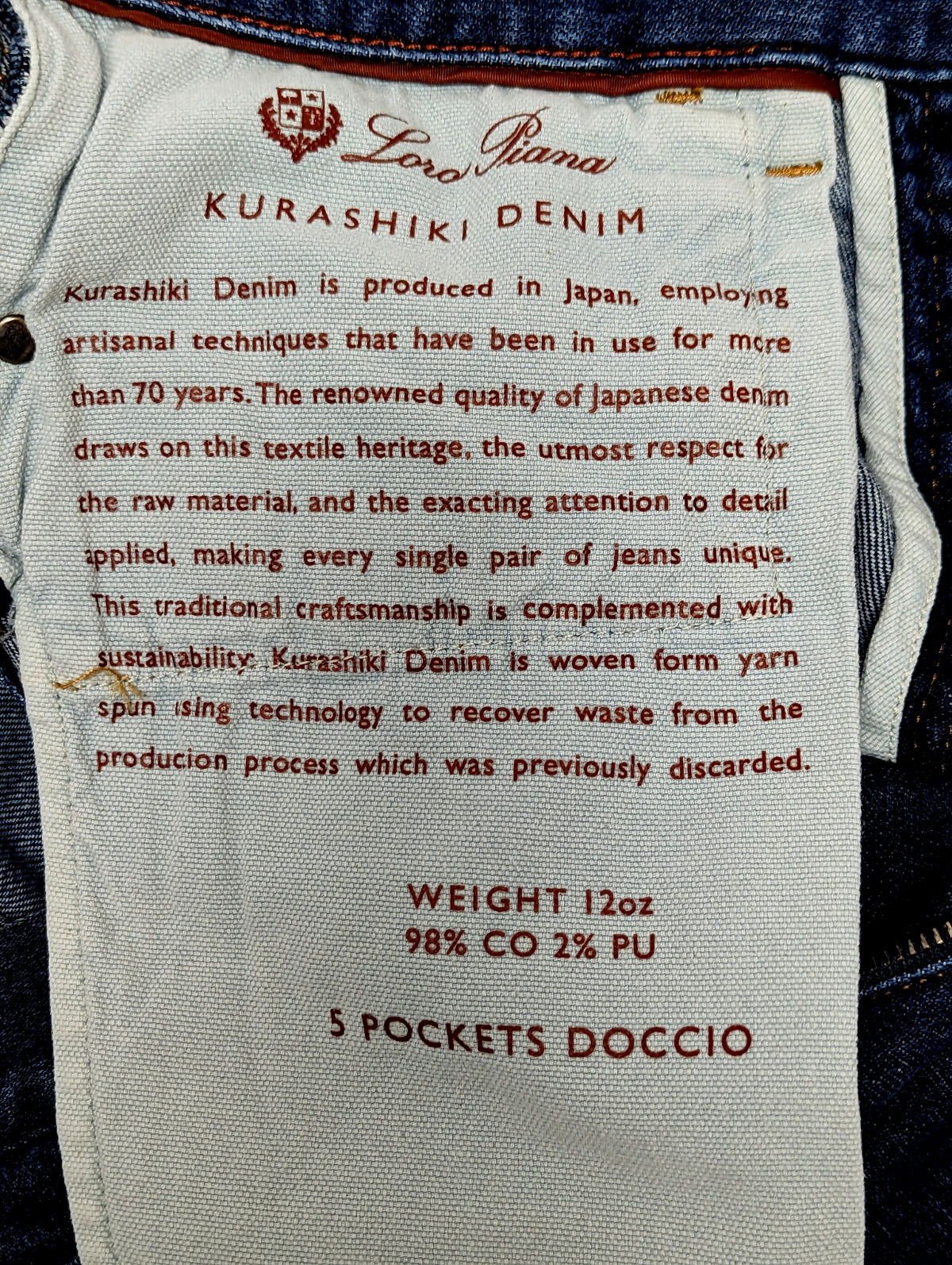 Loro Piana Jeans 32 Slim Indigo Blue 5 Pocket Kurashiki Cotton