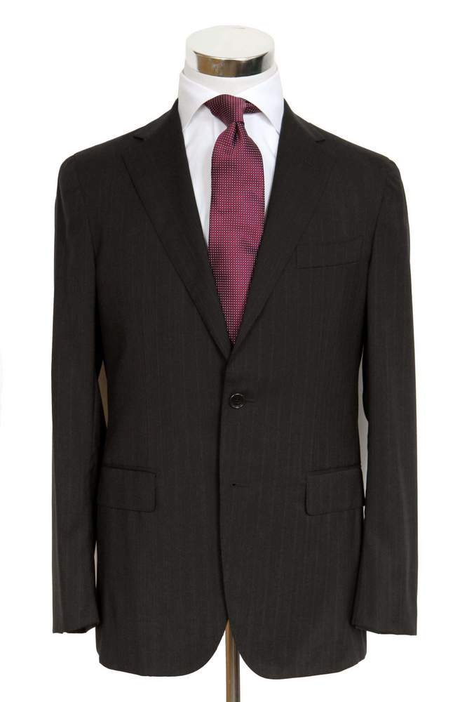 Caruso/MaCo Suit: 43R/44R, Charcoal brown with brick stripes, 3-button, pure wool