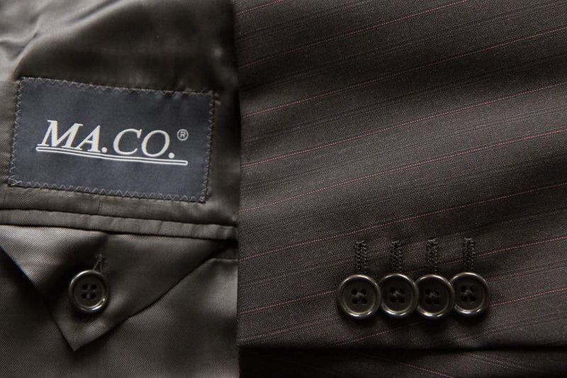 Caruso/MaCo Suit: 43R/44R, Charcoal brown with brick stripes, 3-button, pure wool