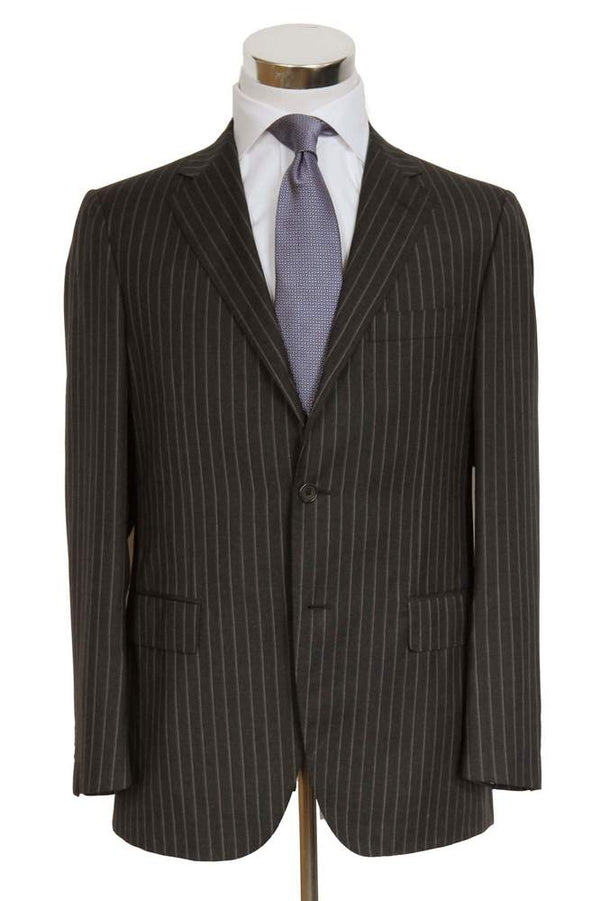 Caruso/MaCo Suit: 45R/46R, Charcoal with grey/white stripes, 3-button, pure wool