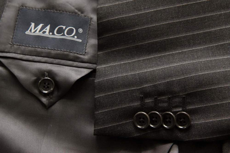 Caruso/MaCo Suit: 45R/46R, Charcoal with grey/white stripes, 3-button, pure wool