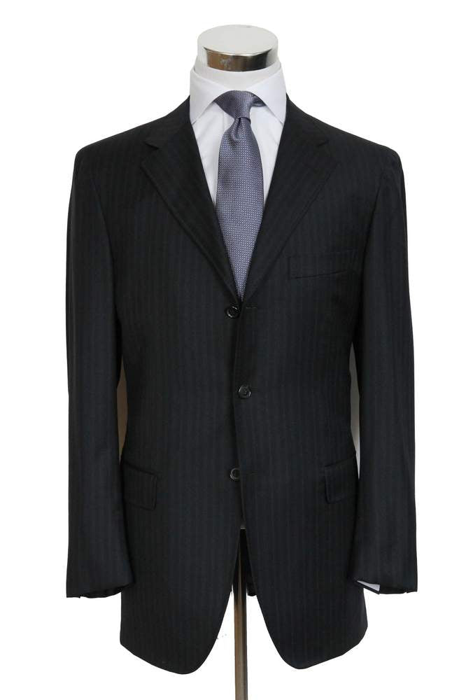 Caruso/MaCo Suit: 43R/44R, Dull black with blue stripes, 3-button, 100s wool