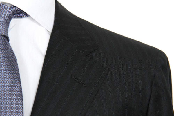 Caruso/MaCo Suit: 43R/44R, Dull black with blue stripes, 3-button, 100s wool