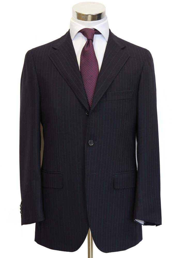 Caruso/MaCo Suit: 43R/44R, Navy blue with red/chalk stripes, 3-button, 120's wool