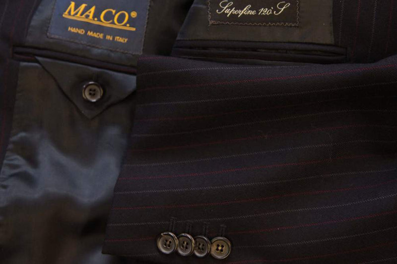 Caruso/MaCo Suit: 43R/44R, Navy blue with red/chalk stripes, 3-button, 120's wool