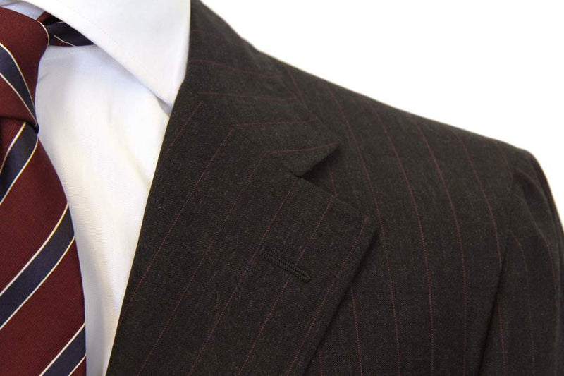 Caruso/MaCo Suit: 46R/47R, Charcoal with plum stripes, 3-button, 100's wool