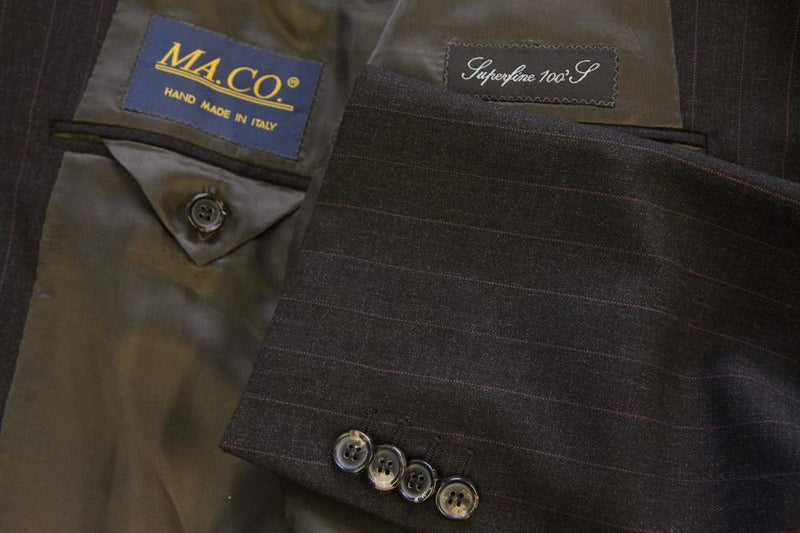 Caruso/MaCo Suit: 46R/47R, Charcoal with plum stripes, 3-button, 100's wool