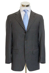 Caruso/Maco Suit: 38R, Grey with slate/white stripes, 3-button, 100's wool