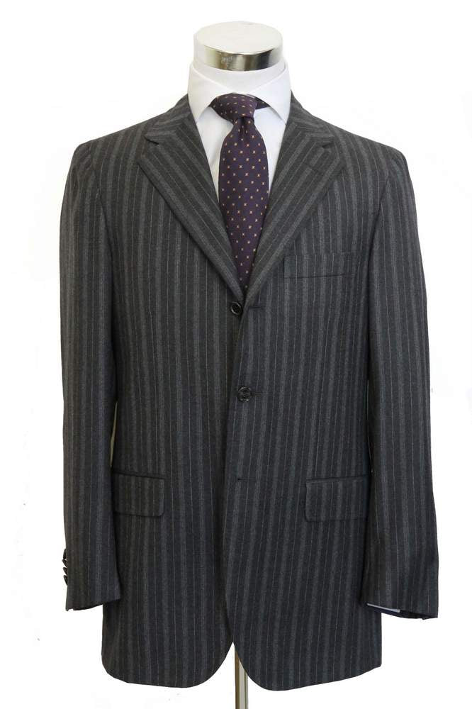 Caruso/MaCo Suit: 39R/40R, Charcoal grey with tan/grey stripes, 3-button, 120's wool flannel