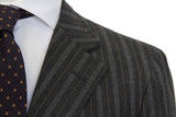 Caruso/MaCo Suit: 39R/40R, Charcoal grey with tan/grey stripes, 3-button, 120's wool flannel