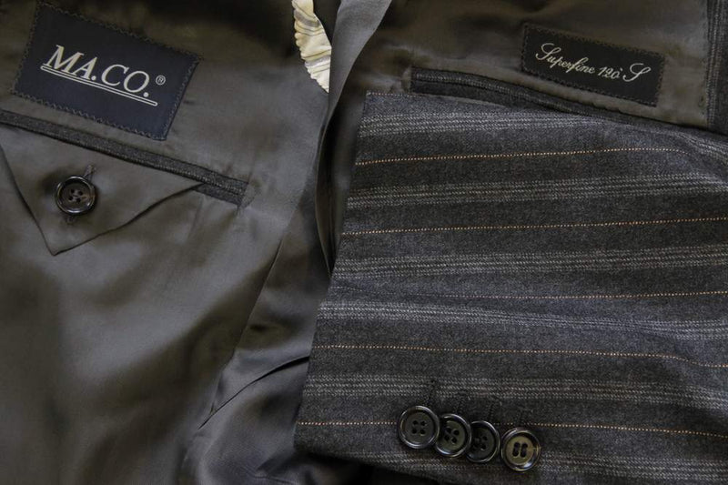 Caruso/MaCo Suit: 39R/40R, Charcoal grey with tan/grey stripes, 3-button, 120's wool flannel