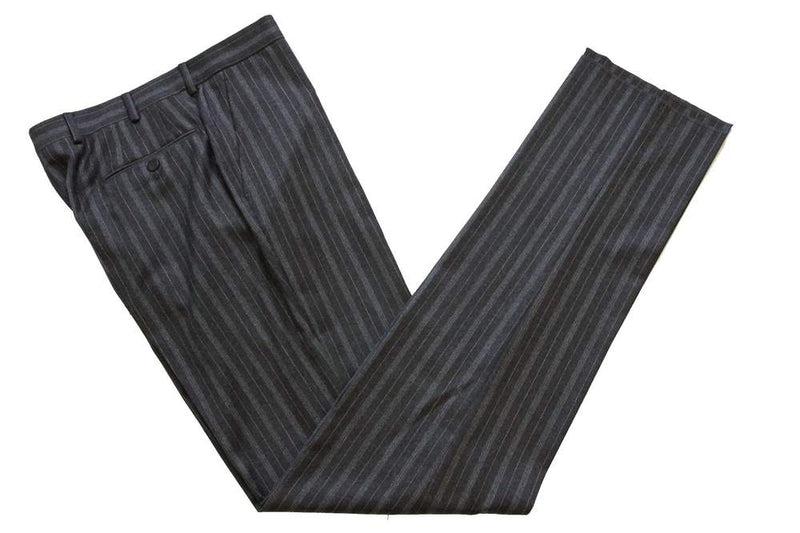 Caruso/MaCo Suit: 39R/40R, Charcoal grey with tan/grey stripes, 3-button, 120's wool flannel