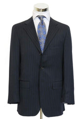 Caruso/MaCo Suit: 43R/44R, Midnight with cobalt stripes, 3-button, 100's wool
