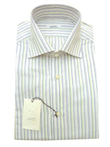 Mattabisch Shirt: 15.75 White with purple/sky/navy stripes, spread collar, pure cotton