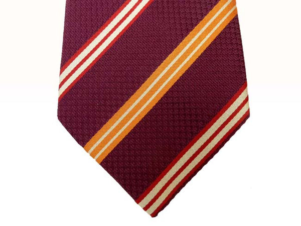 Mattabisch Tie, Burgundy with orange/crimson/ivory stripes, pure silk