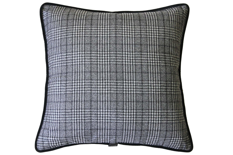 Sartoria Home Black & White Plaid Wool Cushion, With Black velvet back and piping 58x58