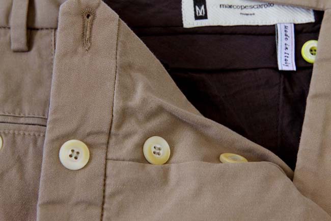 Marco Pescarolo Trousers: 34, Dark soft khaki, flat front, pure cotton