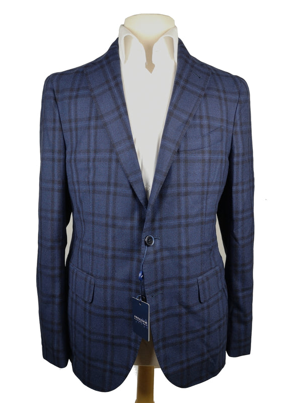 Angelico Sport Coat 38R, Navy blue with black plaid 2-button Pure wool