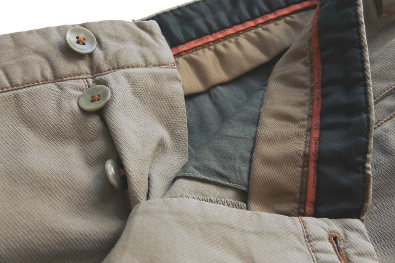 PT01 Trousers: 34, Beige twill orange stitch, flat front, cotton/elastane