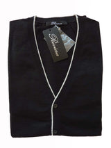 Riviera Sweater: Black Long Sleeve Cardigan, Black with white trim, pure fine cashmere