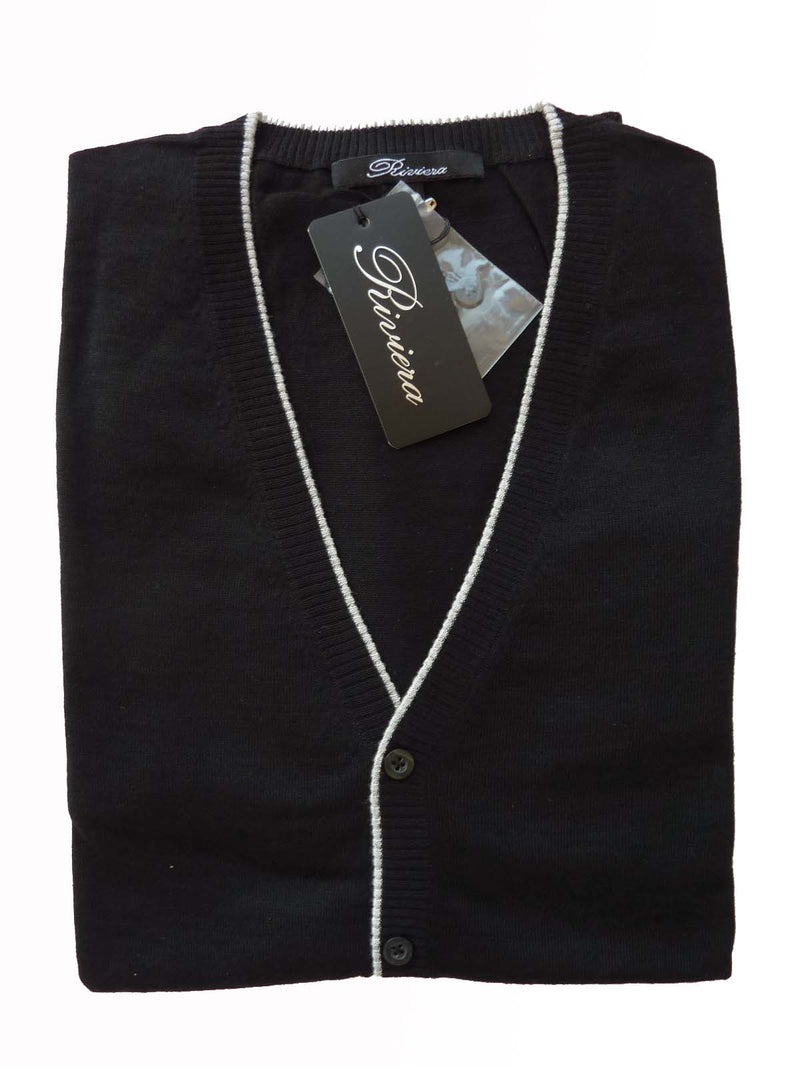 Riviera Sweater: Black Sleeveless Cardigan, Black with white trim, pure fine cashmere
