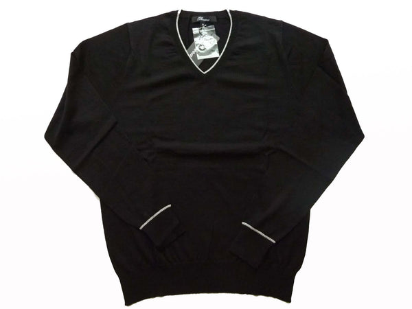 Riviera Sweater: Black Long Sleeve V-neck, Black with white trim, pure fine cashmere
