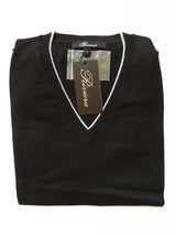 Riviera Sweater: Black Long Sleeve V-neck, Black with white trim, pure fine cashmere