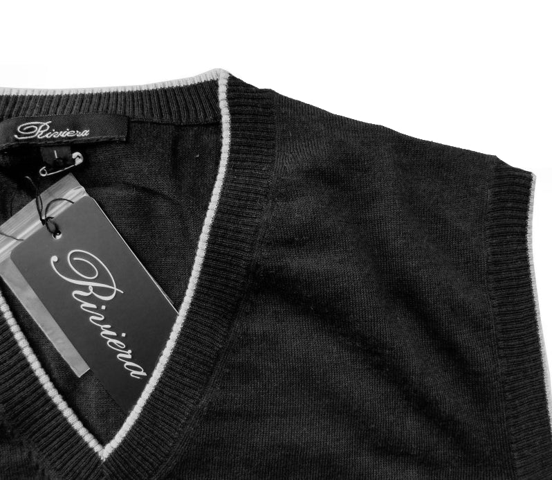 Riviera Sweater: Black Vest, Black with gray trim, vest, pure fine cashmere