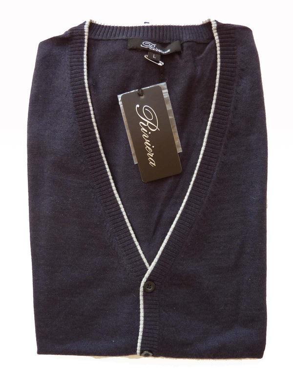 Riviera Sweater: Blue Sleeveless Cardigan, Soft navy with gray trim, pure fine cashmere<br>