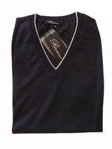 Riviera Sweater: Blue Long Sleeve V-neck, Soft navy with gray trim,pure fine cashmere