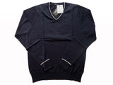 Riviera Sweater: Blue Long Sleeve V-neck, Soft navy with gray trim,pure fine cashmere