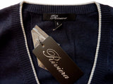 Riviera Sweater: Blue Long Sleeve V-neck, Soft navy with gray trim,pure fine cashmere