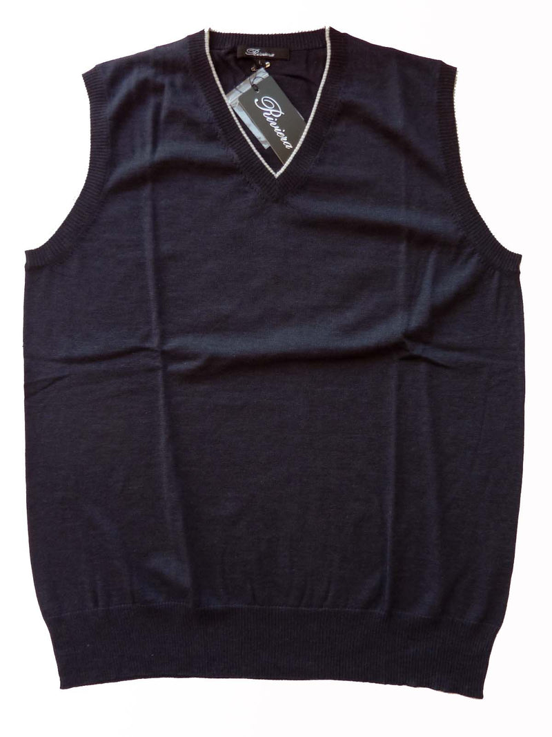 Riviera Sweater: Blue Vest, Soft navy with gray trim, vest, pure fine cashmere