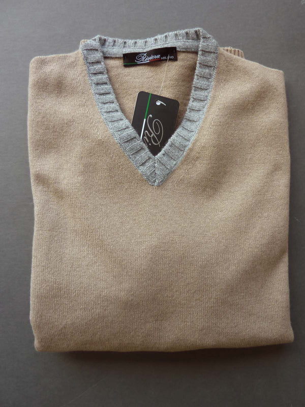 Riviera Sweater: Tan & Grey, V-neck, wool/cashmere/silk