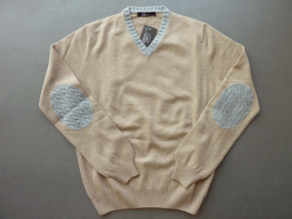 Riviera Sweater: Tan & Grey, V-neck, wool/cashmere/silk