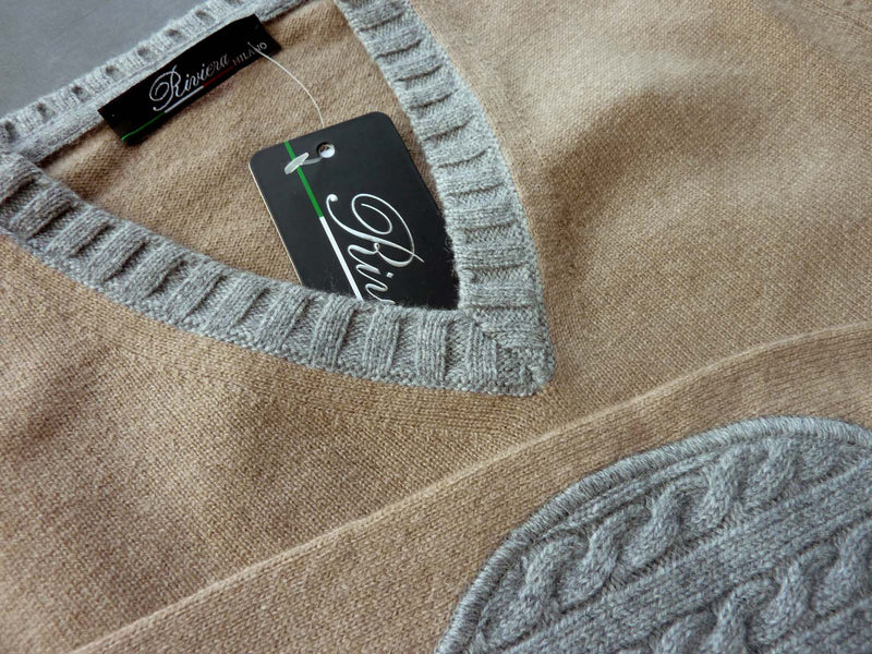 Riviera Sweater: Tan & Grey, V-neck, wool/cashmere/silk