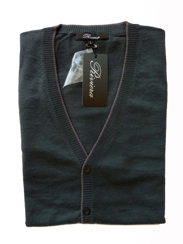 Riviera Sweater: Green Long Sleeve Cardigan, Dark fern green with mauve trim, pure fine cashmere