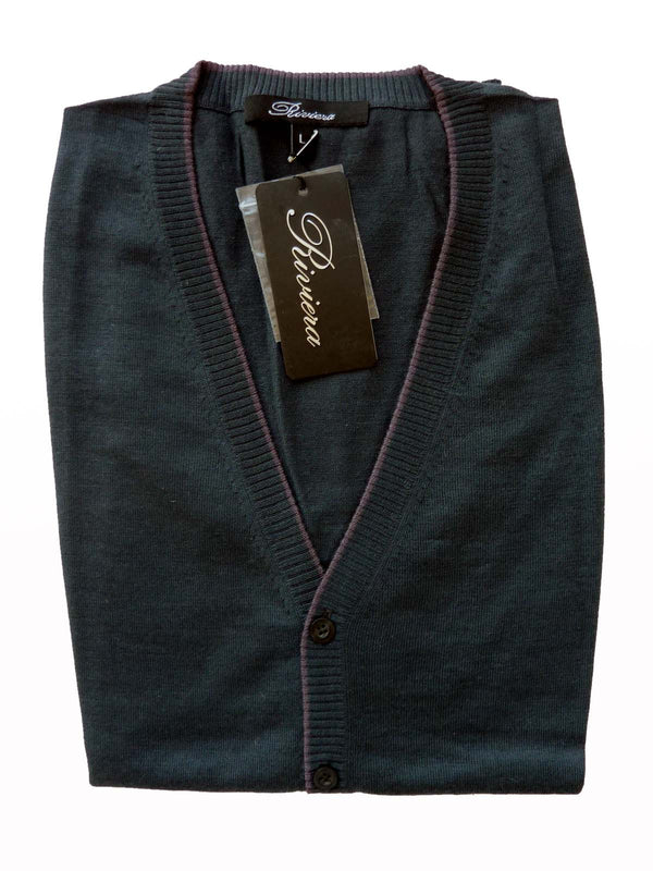 Riviera Sweater: Green Sleeveless Cardigan, Dark fern green with mauve trim, pure fine cashmere