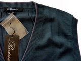 Riviera Sweater: Green Sleeveless Cardigan, Dark fern green with mauve trim, pure fine cashmere