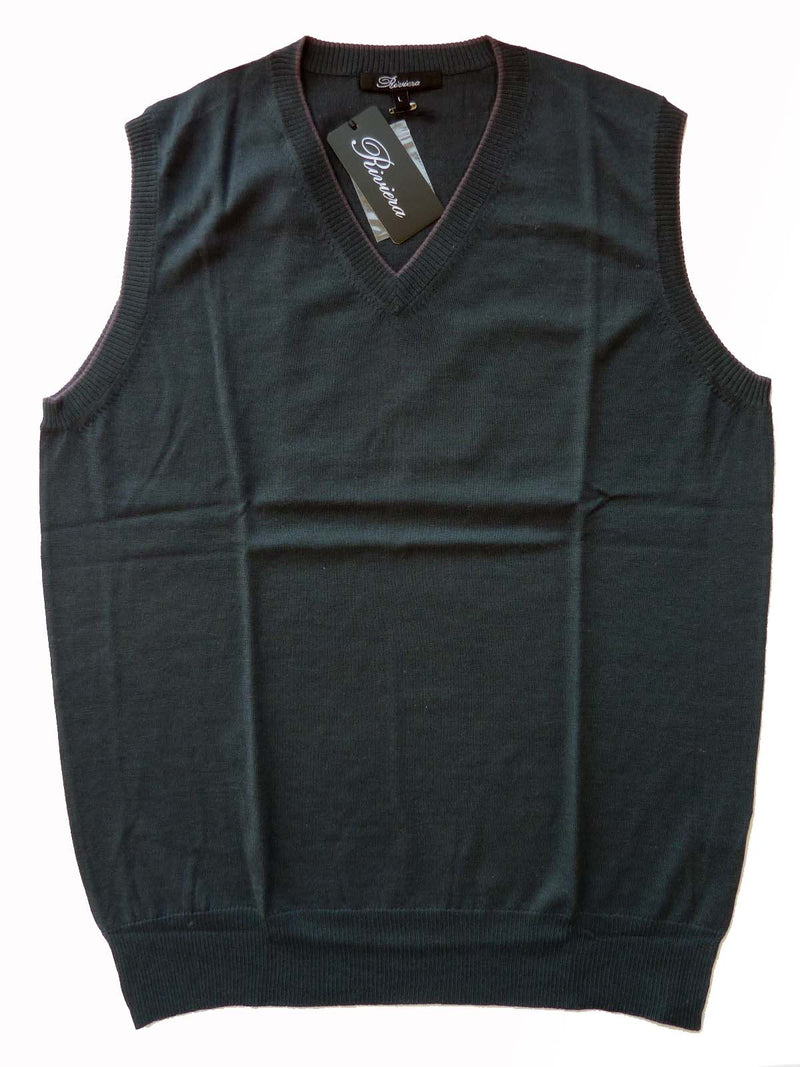 Riviera Sweater: Green Vest, Dark fern green with mauve trim, vest, pure fine cashmere