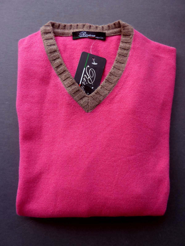 Riviera Sweater: Fucsia with heather brown, V-neck, wool/cashmere/silk